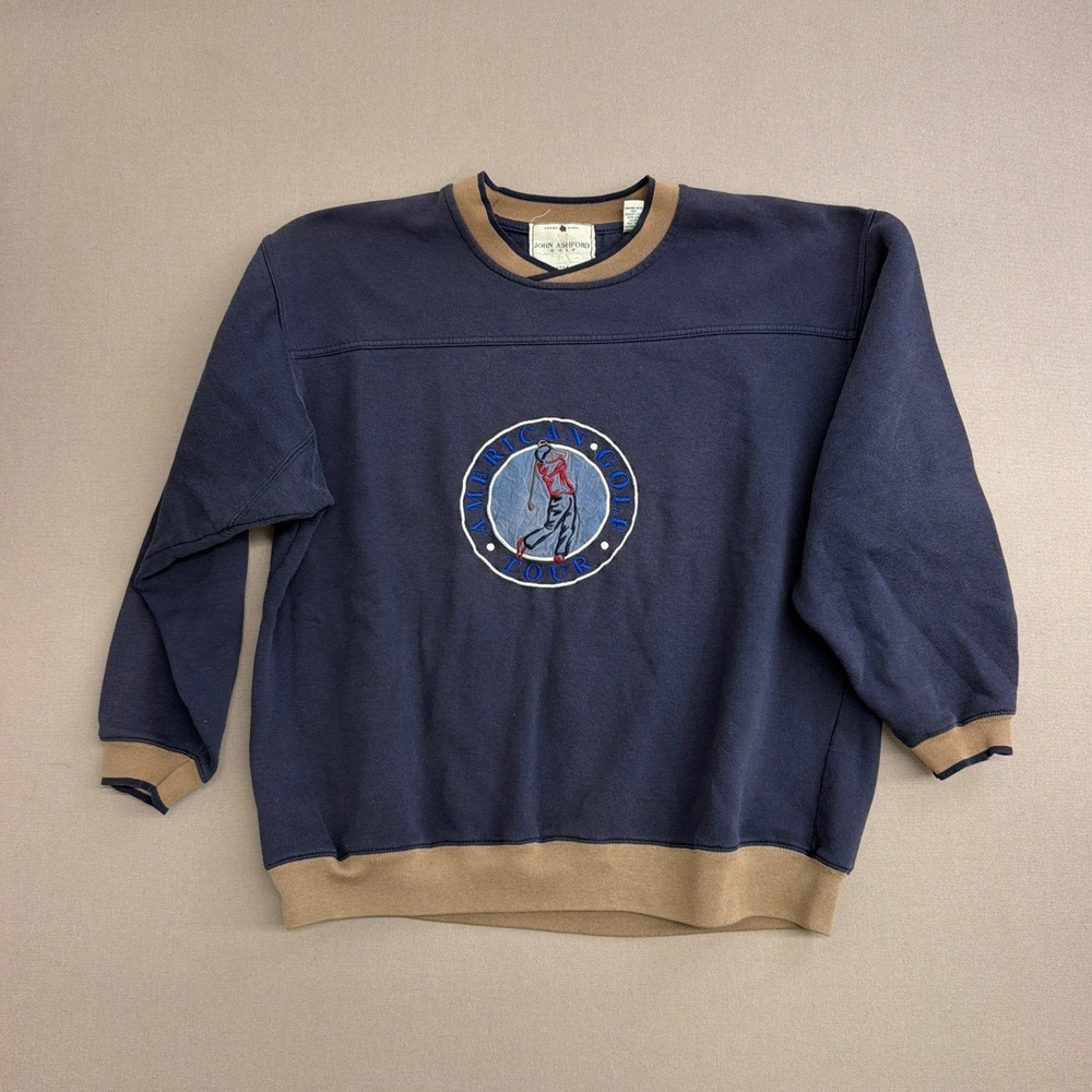 John Ashford‎ Golf American Golf Tour Sweatshirt Mens XL Navy Blue Tan Vintage